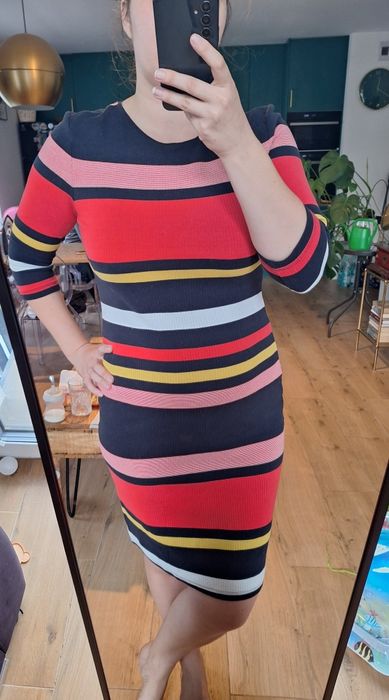 Sukienka tuba midi kolorowa na wiosnę w paski wyszczuplająca bawełna d