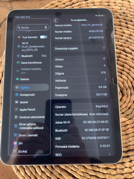 iPad 10 gen.WiFi+cellular.Stan bdb.