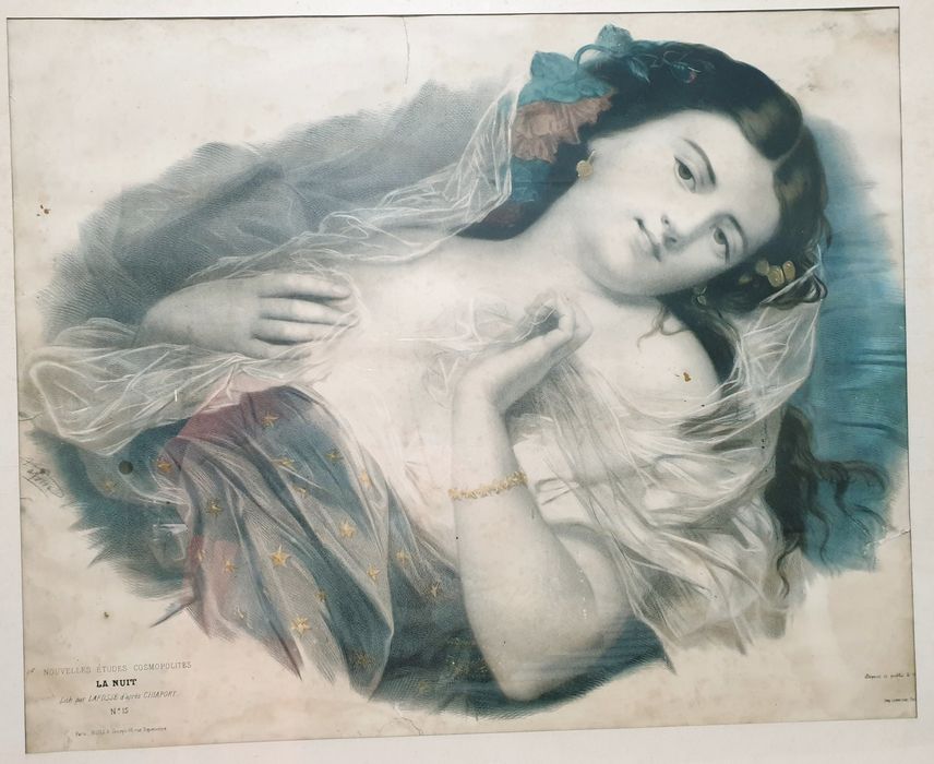 Lindissima antiga litografia francesa "mulher sensual" emoldurada
