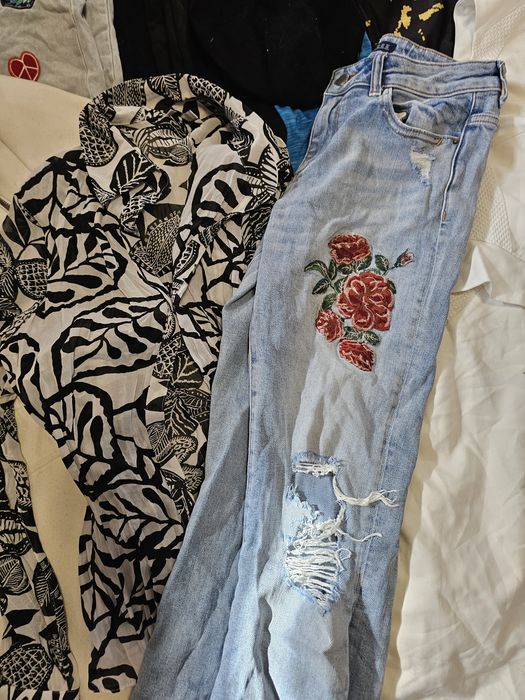 Paka ubrań damska leginsy spodnie jeansowe plaszcz s/m #zara #h&m