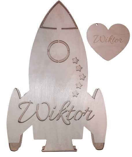 Lampka LED, drewniana,mbaterie, rakieta, imienna, 7 kolorów, 6 frontów