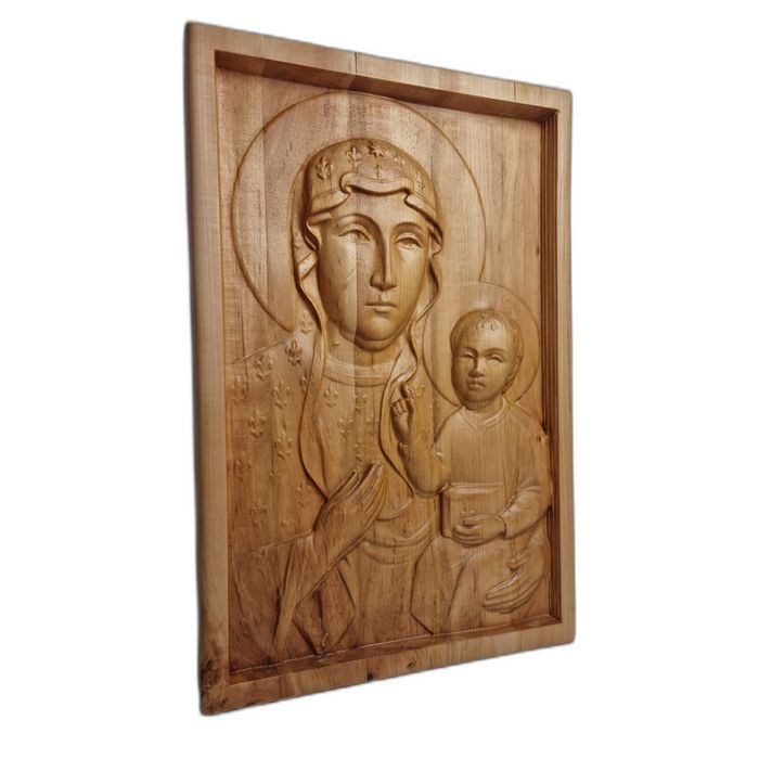 Matka Boska Częstochowska z Dzieciątkiem – lipowa płaskorzeźba 36,5 × 55 cm