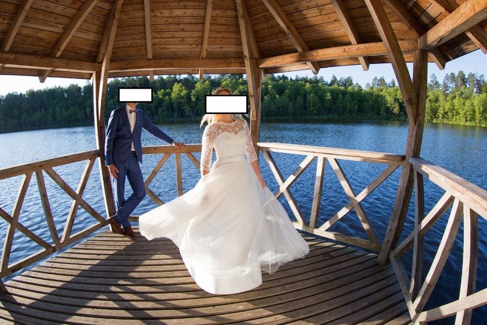 Piękna suknia ślubna, gipiura, rustykalna, rozmiar 36