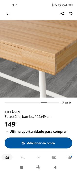 Secretária LILLÅSEN IKEA em madeira natural com pernas brancas em metal e madeira