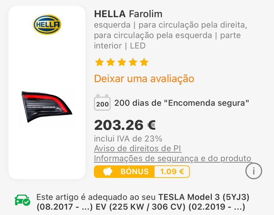 Farolim traseiro Tesla model 3/Y