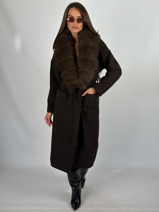 Жіноче шоколадне кашемірове пальто з натуральним хутро песця,42-56 р