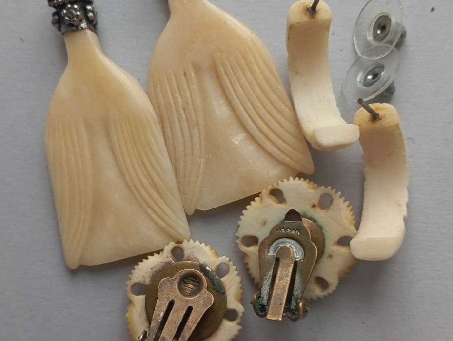 Резная кость браслет, серьги, клипсы, брошь, винтаж.