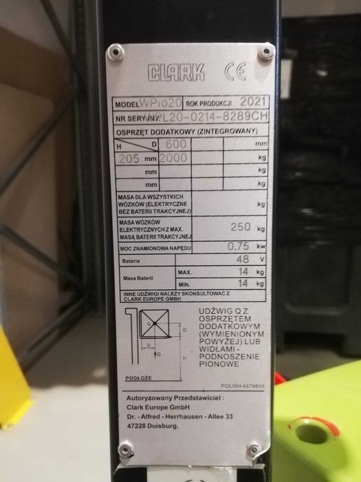 Paleciak CLARK WPio20 | Rok 2021 | 2310 mth | Duża bateria 48 V