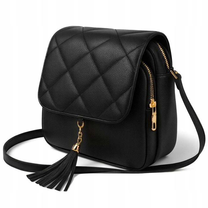 Torebka Damska Listonoszka Czarna Pikowana Na Ramię Skóra Eko Frędzle