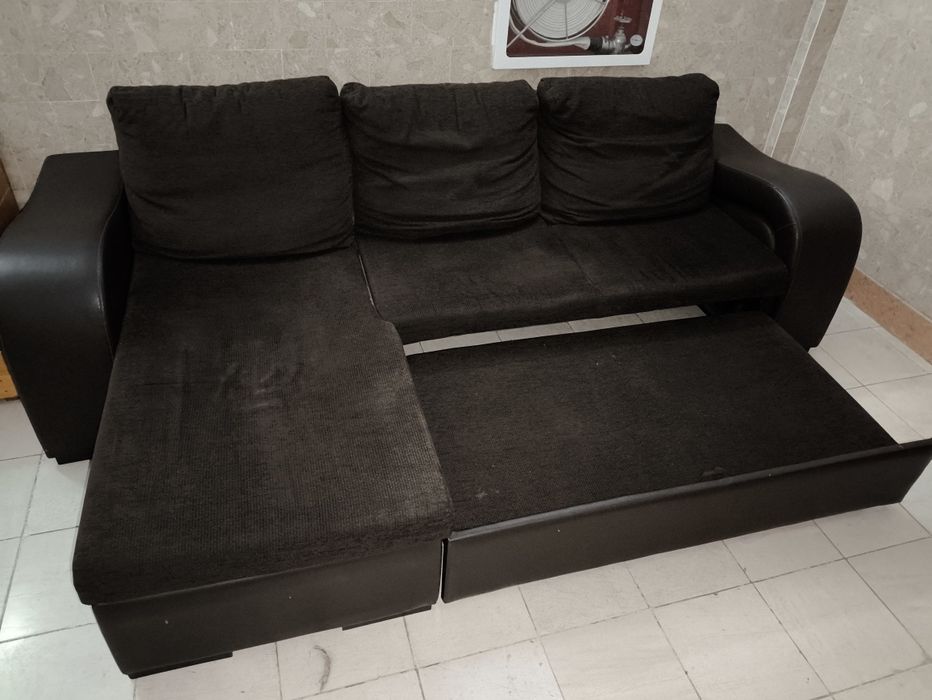Sofá-Cama com Chaise Longue, Arrumação e Puff Extraível