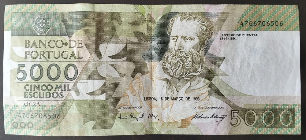 Lote 8 Notas 5000$ 1987/1989/1991/1993 Antero Quental Excelente Estado