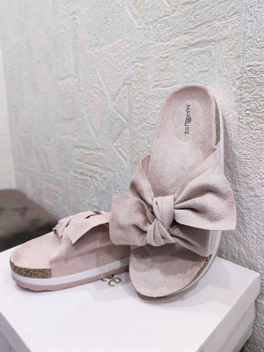 Шлепки на пробковой подошве с бантом,  пудра, 37-37.5