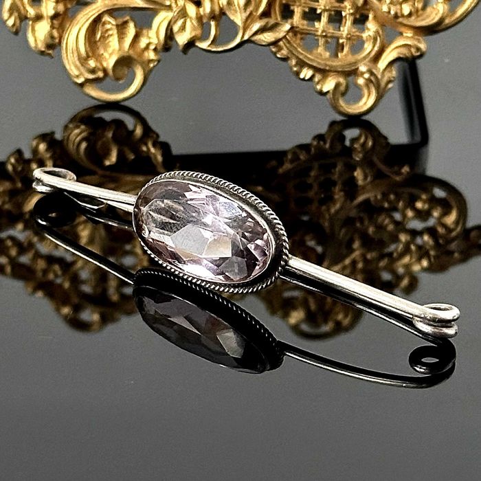 Srebrna broszka z dużym naturalnym Ametystem – oryginał secesja, 1900r