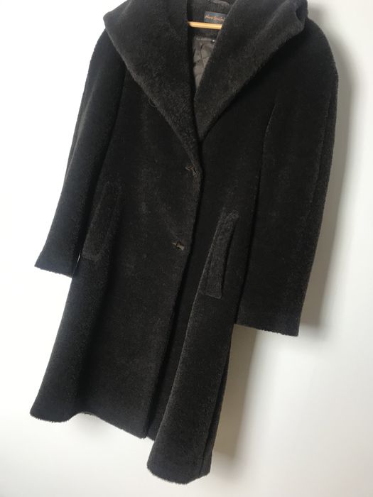 Ciemny brązowy długi wełniany płaszcz z moherem, perełka vintage