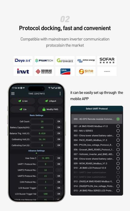 Інверторна Jikong BMS PB2A16S20P V19, балансир 2А, струм 200А