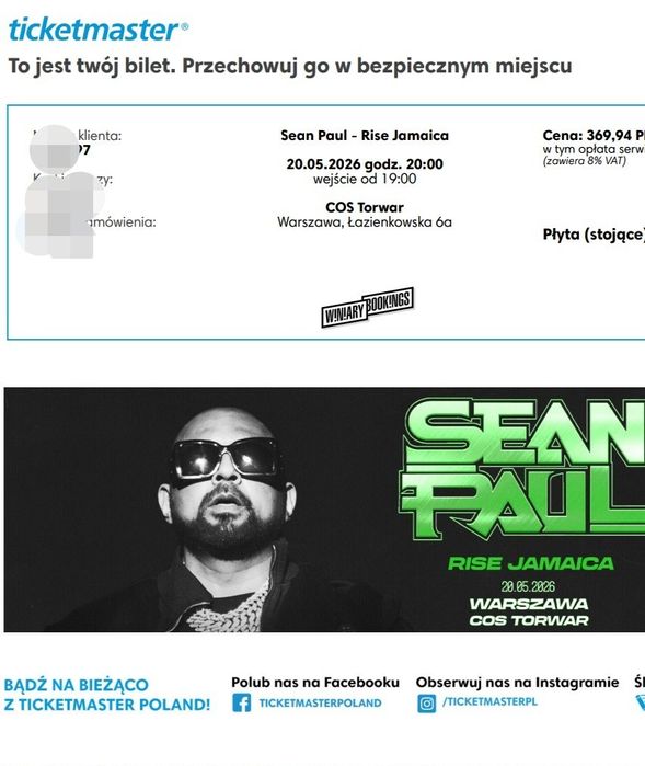 2 bilety na koncert Sean Paul w Warszawie 20.05.2026