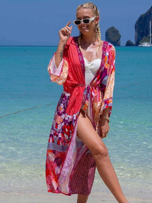 Pareo plażowe narzutka kolorowa tunika z paskiem maxi