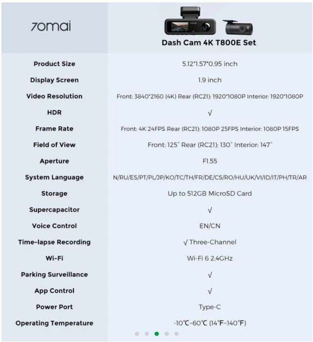 Автомобільний відеореєстратор Xiaomi 70mai Dash Cam 4K T800E