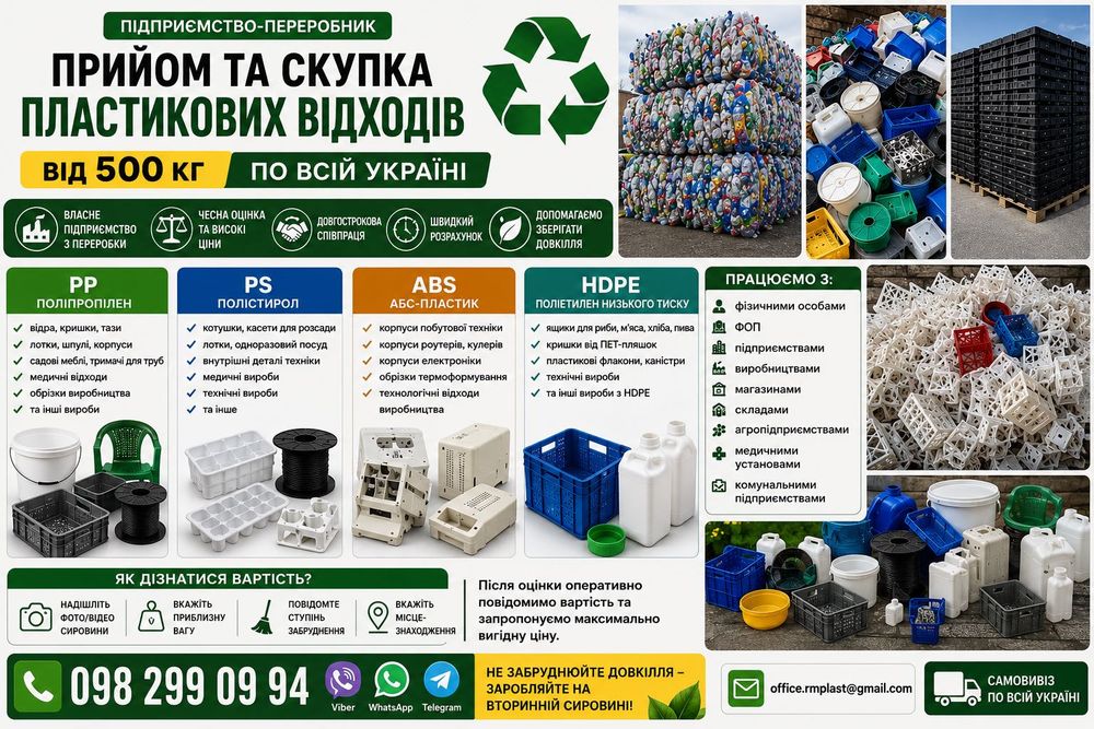 ПРИЙОМ ТА СКУПКА ПЛАСТИКОВИХ ВІДХОДІВ Від 500 кг • По всій Україні • Самовивіз