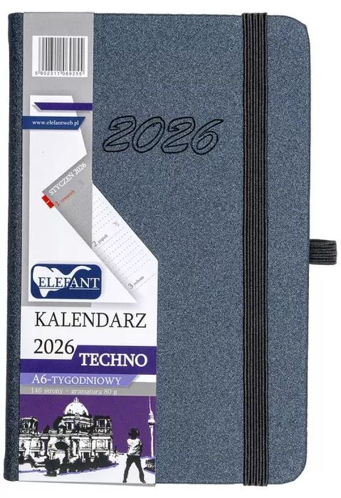Kalendarz 2026 A6 tygodniowy Techno, grafitowy. Elefant