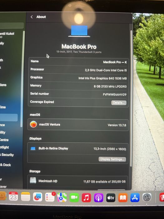 MacBook Pro 13 2017 i5 250GB 8GB RAM A1708 Intel Tytanowy Bdb stan