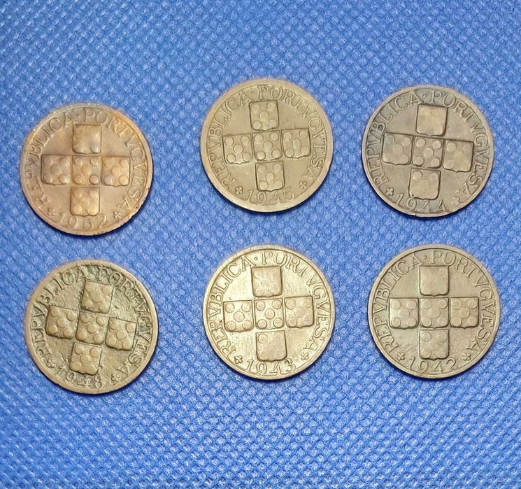 Moedas de XX centavos bronze 1942, 1943, 1944, 1945, 1948, 1952