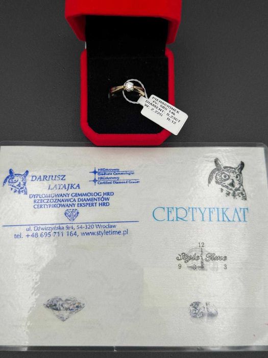 Złoty pierścionek z brylantem 0,23 ct  złoto 585 (14K) certyfikat HRD