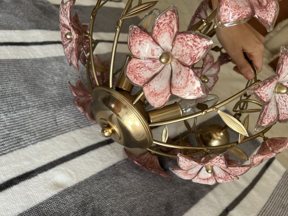 Candeeiro de teto Murano anos 70 - Flores rosa e dourado