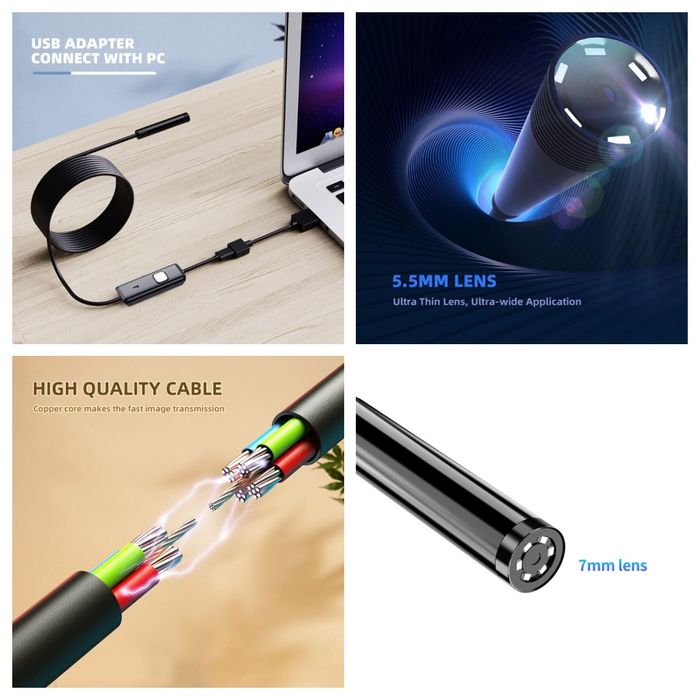 Câmara Endoscópica Industrial IP67 Prova Água 7mm 3 em 1 LED Ajustável