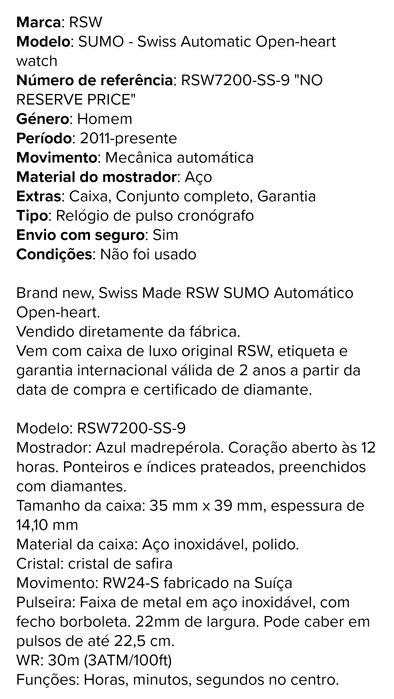 Relógio RSW -SUMO - Swiss Made