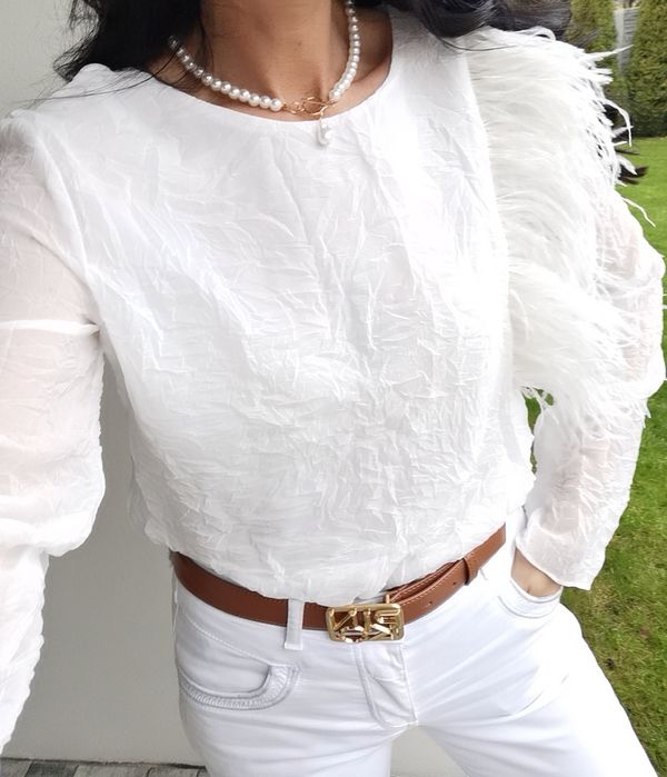 Zara Biała Bluzka  Damska M pióra