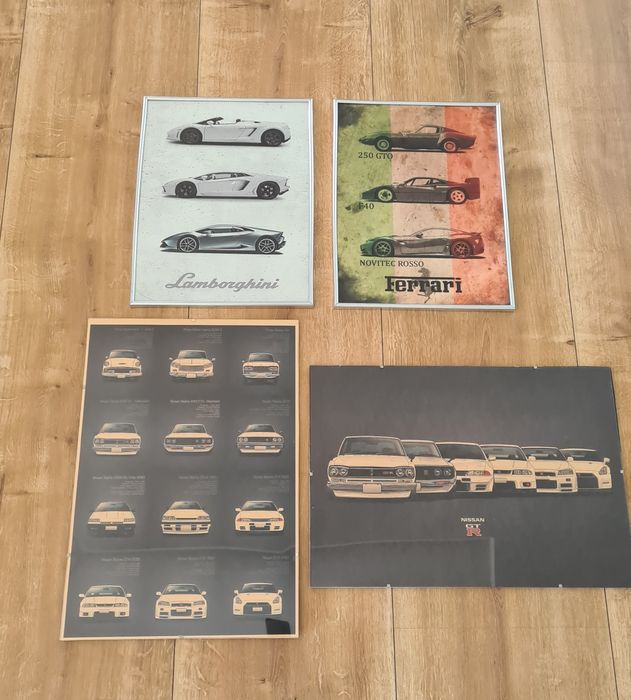 4 Plakaty samochody auta Nissan Lamborghini Ferrari. Antyramy Ramki