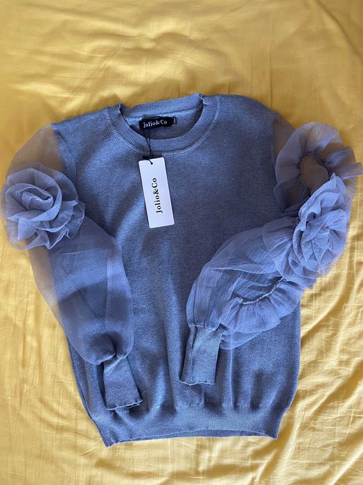 Nowy szary sweter z szyfonowymi rękawami, rozm. S/M