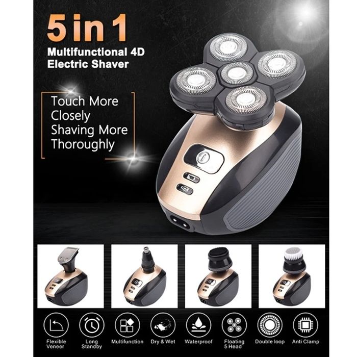 Barbeador de cabeça e barba, 5 em 1, nariz, usb recarregável