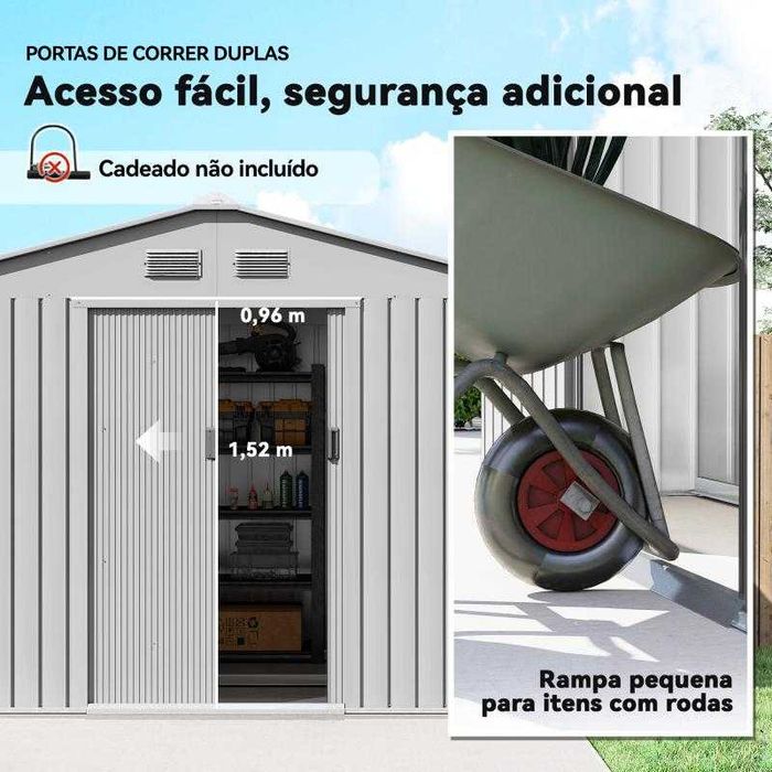 Abrigo de Jardim Metálico 4,9 m2 – 277x195x192 cm | Base Incluída