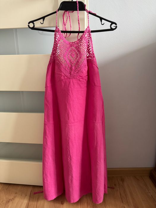 Piekna rozowa sukienka lniana, rozmiar M