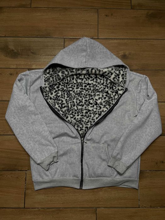 Grey Reversible Leopard Zip Hoodie L