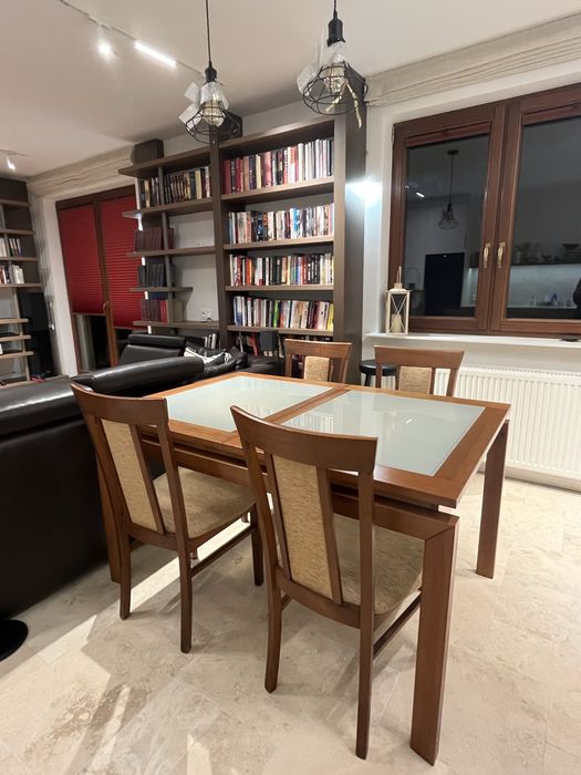 Stół z litego drewna z blatem szklanym + 6 krzeseł