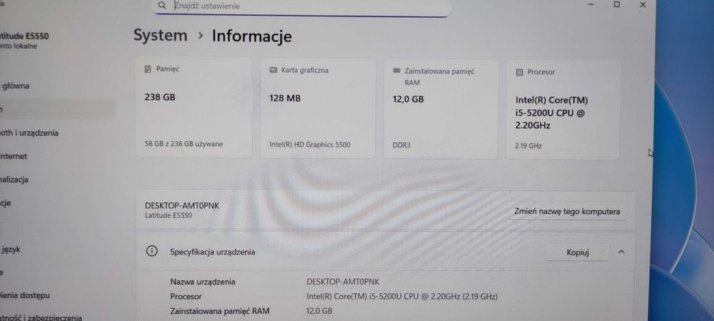 Dell Latitude E5550 Windows 11 Dysk SSD