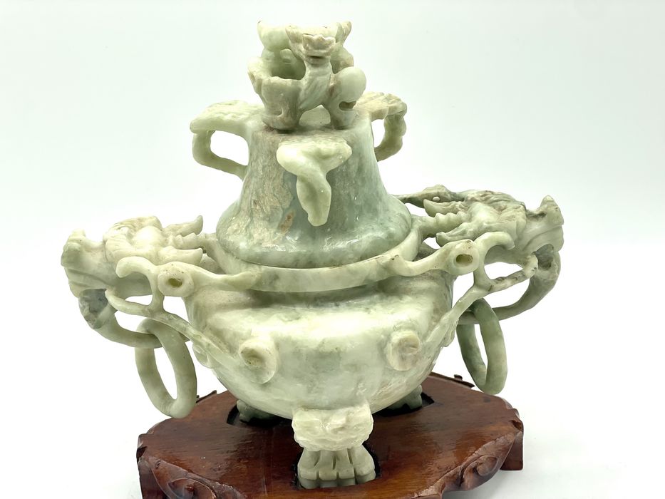 Defumador, incensario em pedra jade, dragões, oriental, chinês