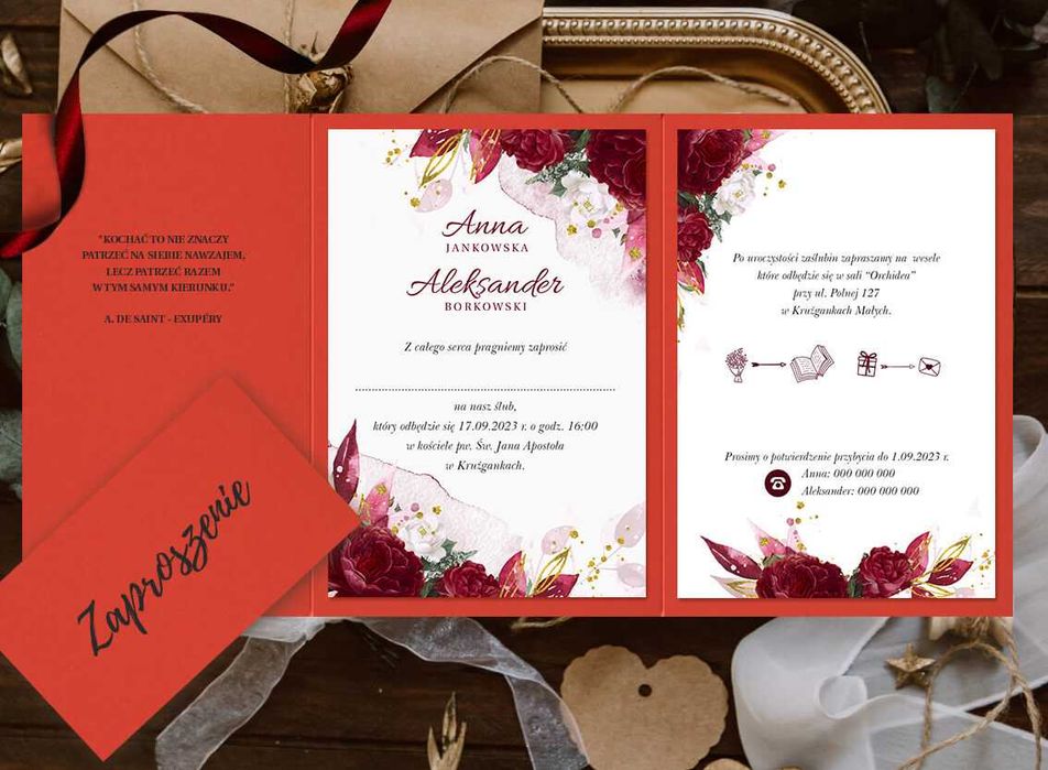 Folderowe zaproszenia ślubne Bordowe