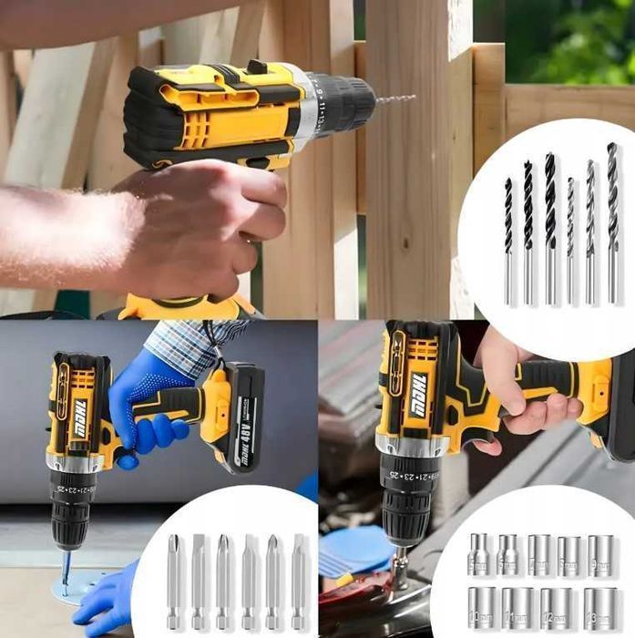 Mocna Wiertarko-Wkrętarka Akumulatorowa Udarowa Zestaw Bity Nowa