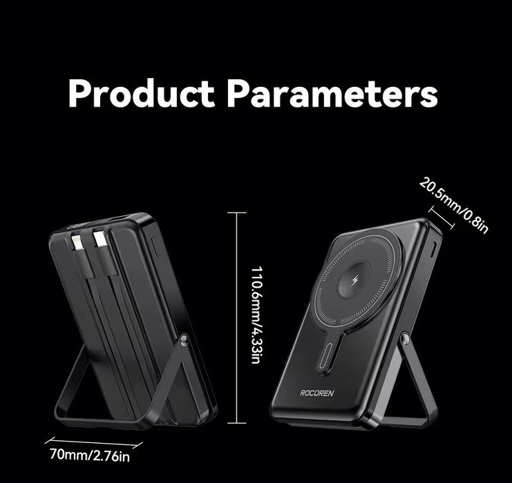Power Bank ROCOREN 10000 mAh з MagSafe + Вбудовані кабелі + Підставка