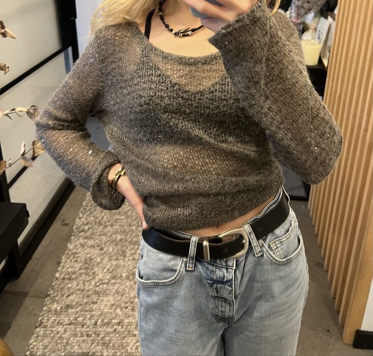 Brązowy błyszczący sweter mgiełka, prześwitujący