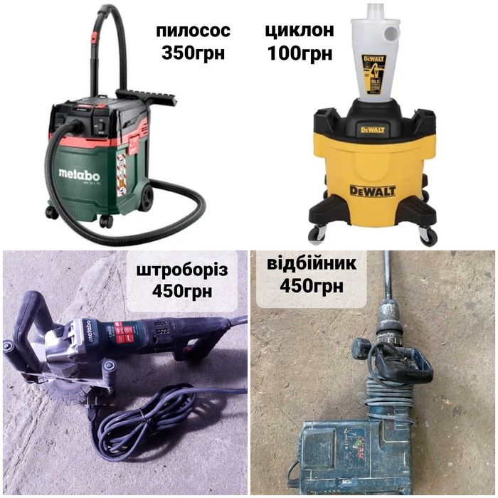 Оренда відбійника бетономішалки ямобура штроборіза пилососа вібратора