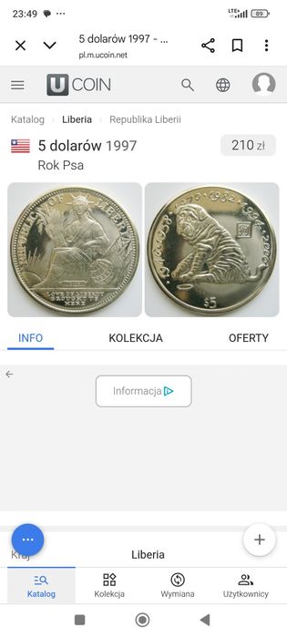 5 Dolarów Liberia z psem 1997rok.