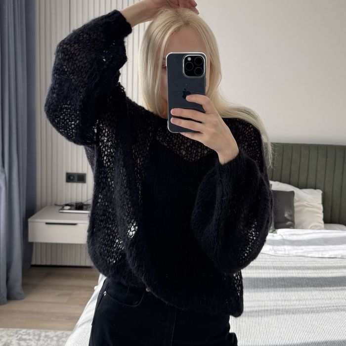 Светр чорний вовняний мохеровий павутинка хмаринка оверсайз ручна робо