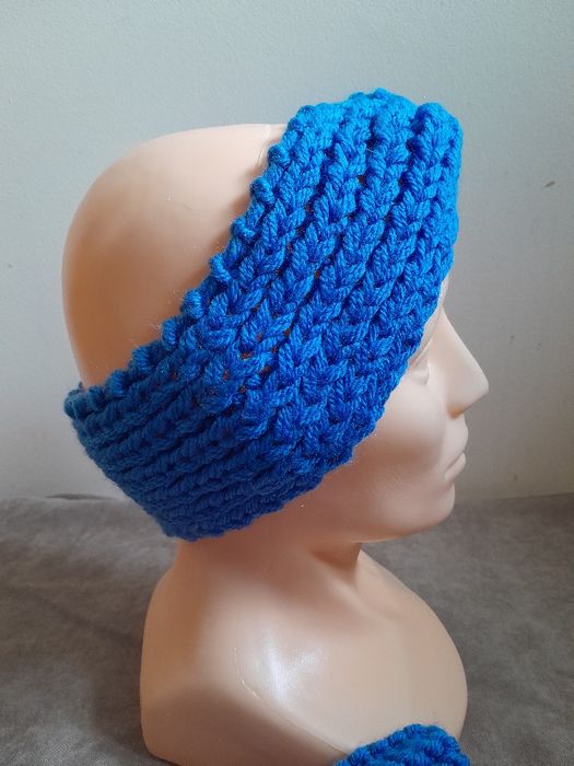 Opaska mitenki niebieskie komplet handmade boho ciepły zestaw damski