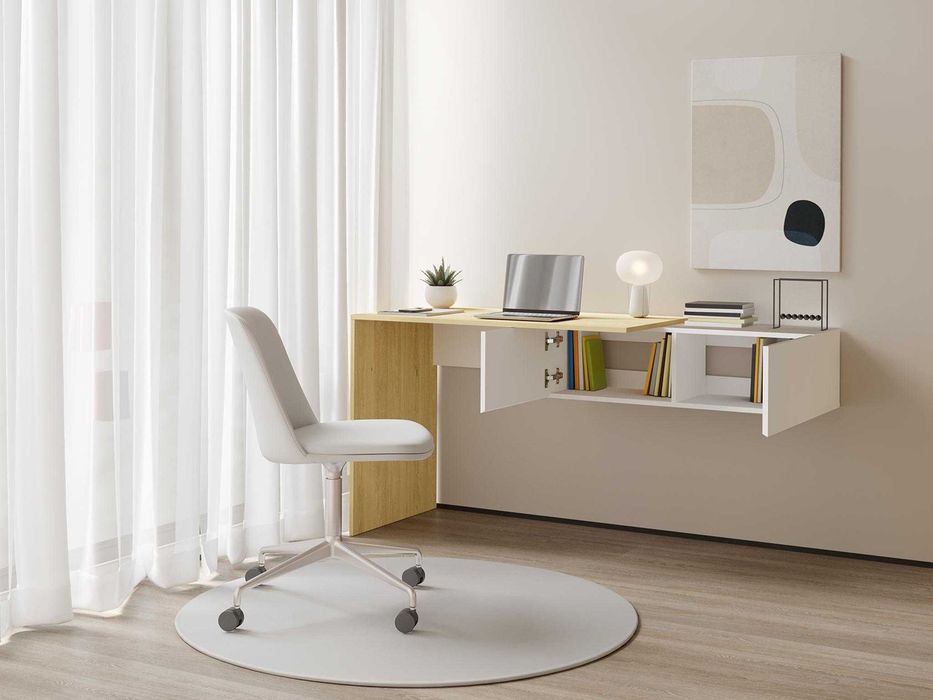 Secretária consola suspensa com 2 armários cor natural e branco