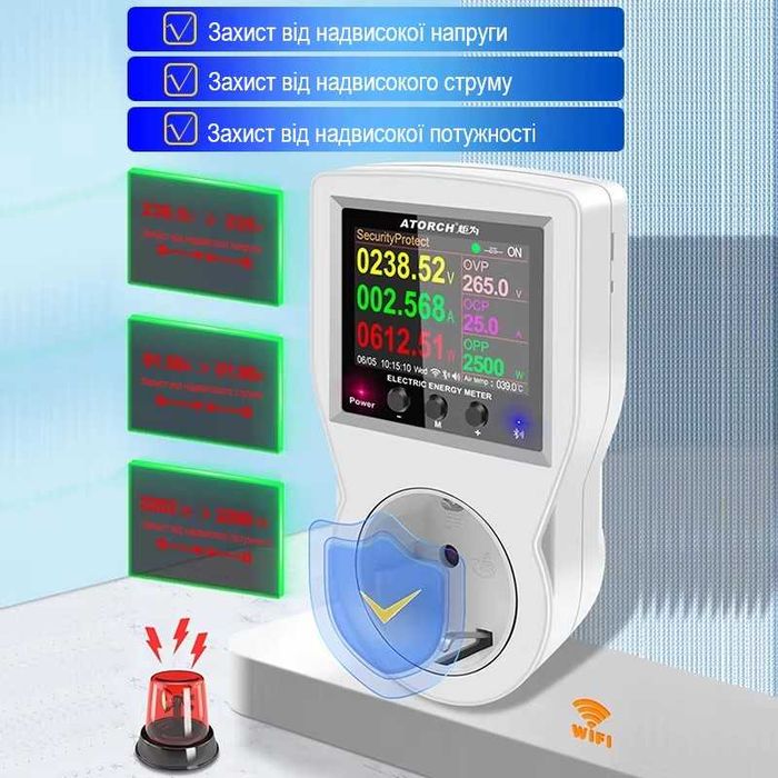 Wi-Fi ватметр Atorch. Розумний енергомір. Ватметр в розетку. Wi-Fi тер